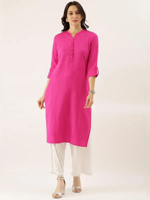 Pink_Solid_Straight_Roll_Up_Sleeve_Kurti_For_Women