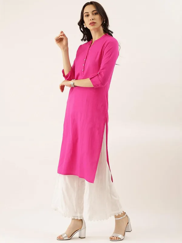 Pink_Solid_Straight_Roll_Up_Sleeve_Kurti_For_Women