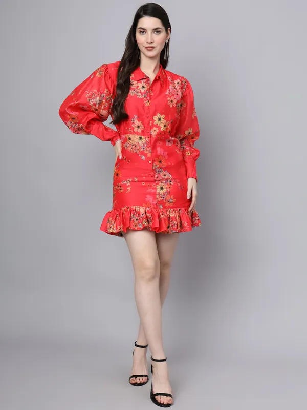 Red_Floral_Printed_Chanderi_Midi_Dress_For_Women