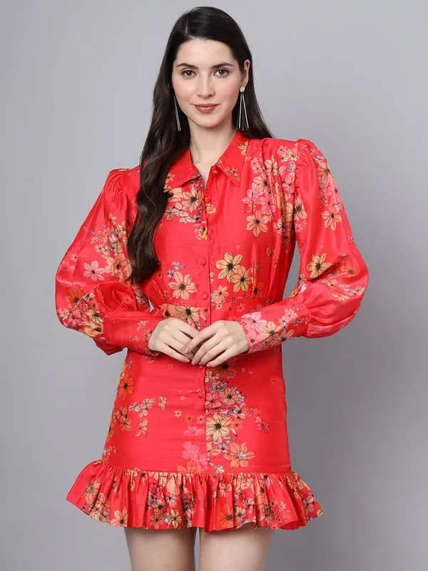 Red_Floral_Printed_Chanderi_Midi_Dress_For_Women