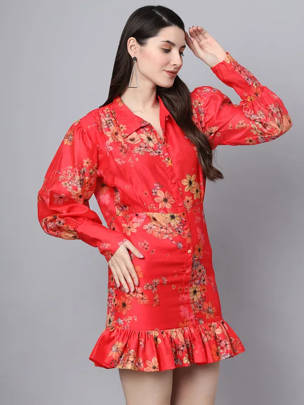 Red_Floral_Printed_Chanderi_Midi_Dress_For_Women