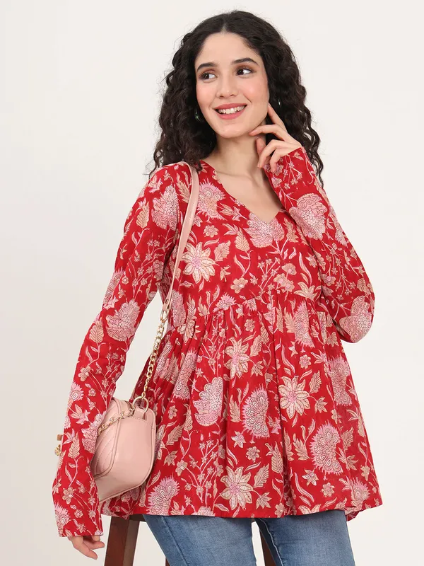 Red_Floral_Printed_V_Neck_Cotton_Top_For_Women