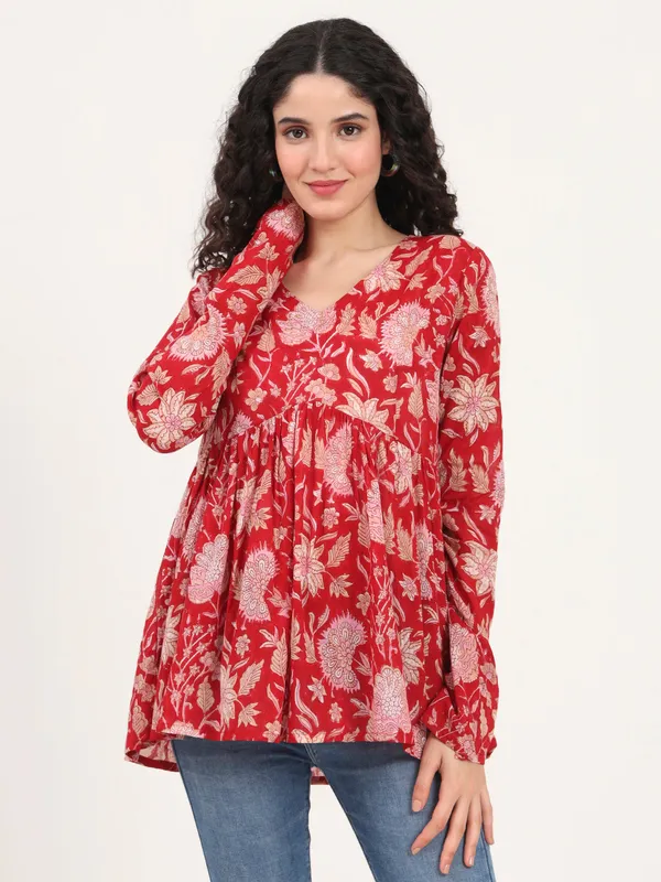 Red_Floral_Printed_V_Neck_Cotton_Top_For_Women