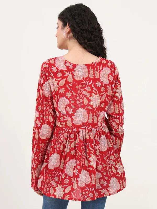 Red_Floral_Printed_V_Neck_Cotton_Top_For_Women