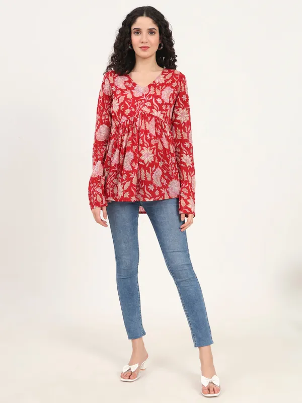 Red_Floral_Printed_V_Neck_Cotton_Top_For_Women