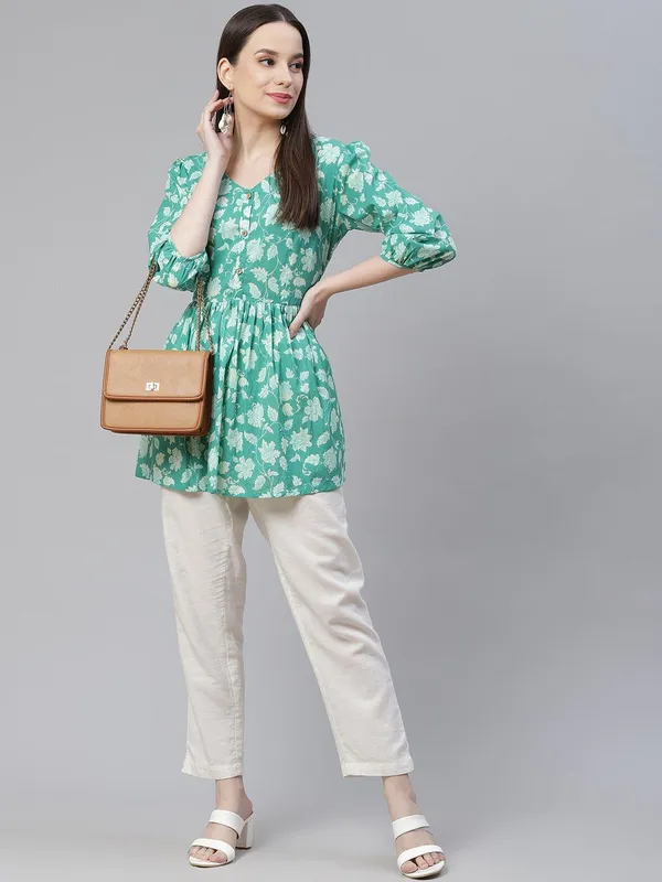 Sea_Green_Floral_Printed_Peplum_Cotton_Top_For_Women