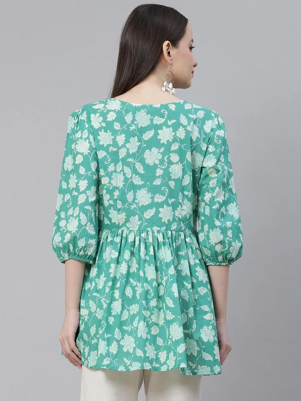 Sea_Green_Floral_Printed_Peplum_Cotton_Top_For_Women