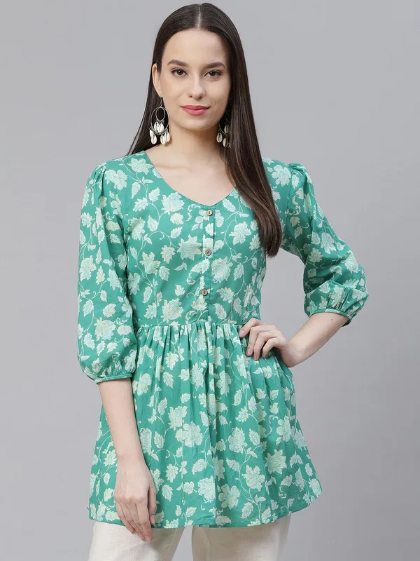 Sea_Green_Floral_Printed_Peplum_Cotton_Top_For_Women