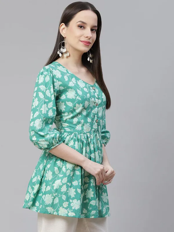Sea_Green_Floral_Printed_Peplum_Cotton_Top_For_Women
