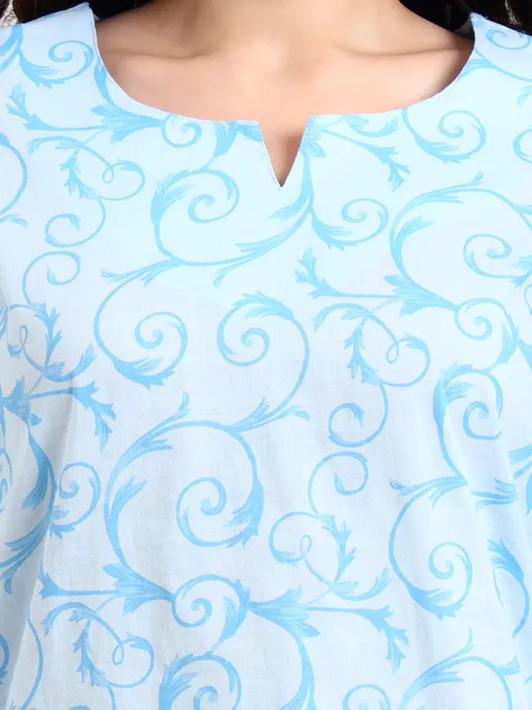 Sky_Blue_Floral_Print_Cotton_Night_Suit_For_Women