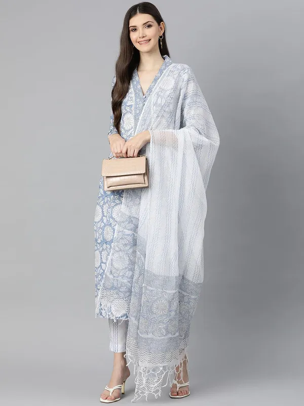 Sky_Blue_Hand_Block_Printed_Straight_Kurta_Pant_Set_With_Dupatta_For_Women