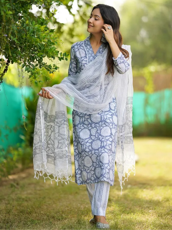Sky_Blue_Hand_Block_Printed_Straight_Kurta_Pant_Set_With_Dupatta_For_Women
