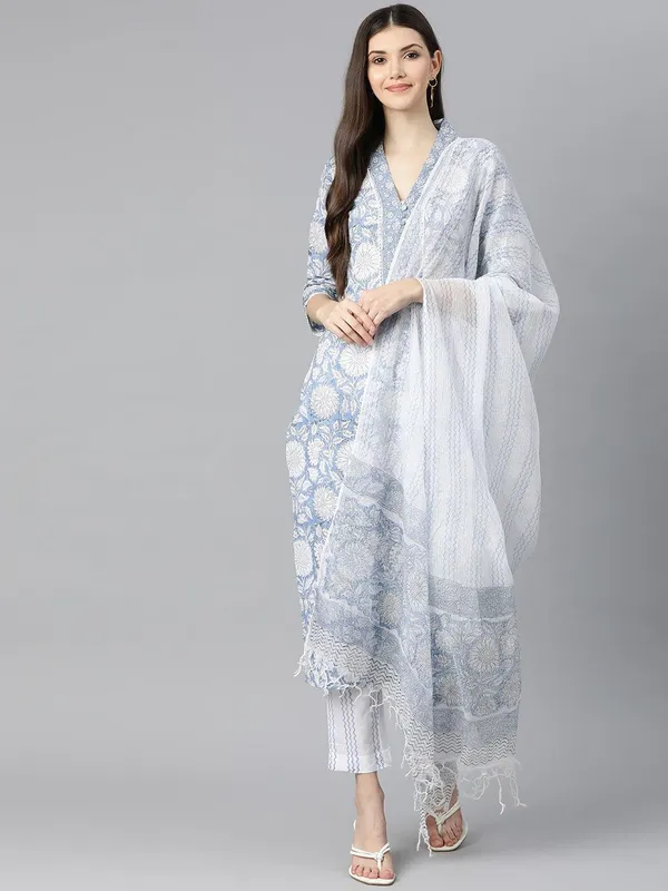 Sky_Blue_Hand_Block_Printed_Straight_Kurta_Pant_Set_With_Dupatta_For_Women