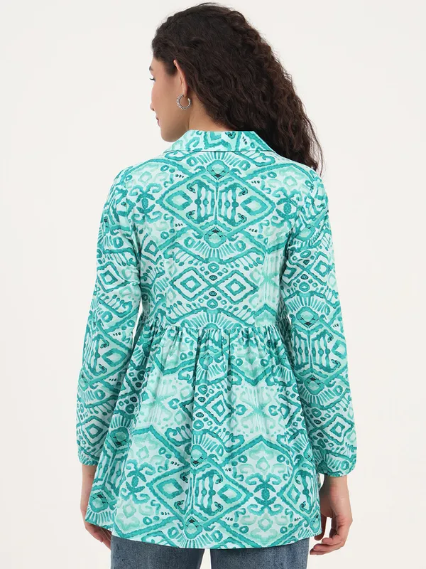Teal_Green_Floral_Cotton_Fabric_Lapel_Collar_Peplum_Top_For_Women