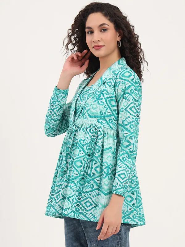 Teal_Green_Floral_Cotton_Fabric_Lapel_Collar_Peplum_Top_For_Women