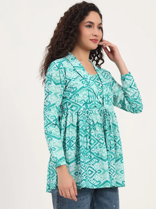 Teal_Green_Floral_Cotton_Fabric_Lapel_Collar_Peplum_Top_For_Women