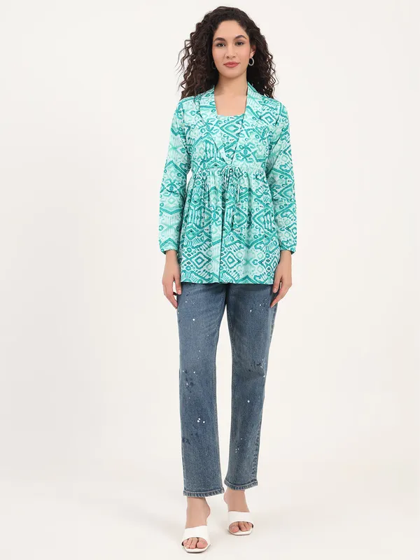 Teal_Green_Floral_Cotton_Fabric_Lapel_Collar_Peplum_Top_For_Women