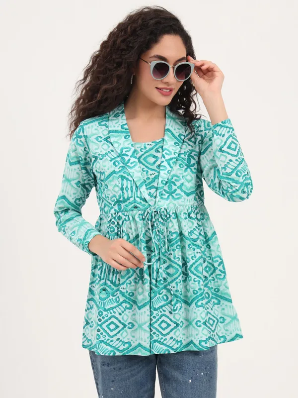 Teal_Green_Floral_Cotton_Fabric_Lapel_Collar_Peplum_Top_For_Women