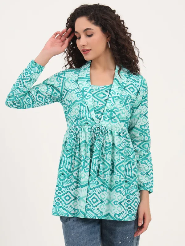 Teal_Green_Floral_Cotton_Fabric_Lapel_Collar_Peplum_Top_For_Women