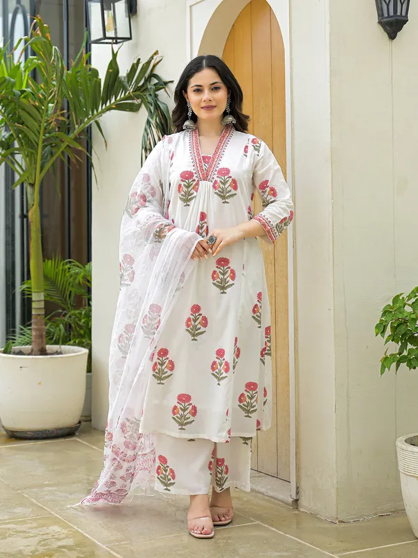 White_Cotton_Hand_Block_A-Line_Kurta_Pant_Set_With_Dupatta_For_Women