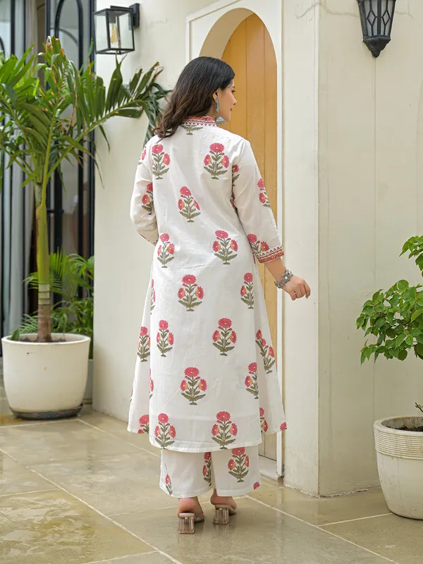 White_Cotton_Hand_Block_A-Line_Kurta_Pant_Set_With_Dupatta_For_Women