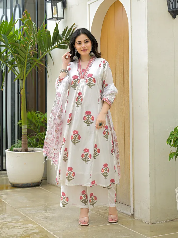 White_Cotton_Hand_Block_A-Line_Kurta_Pant_Set_With_Dupatta_For_Women