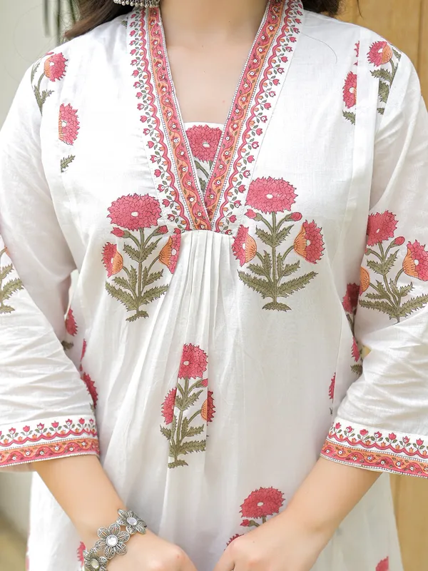 White_Cotton_Hand_Block_A-Line_Kurta_Pant_Set_With_Dupatta_For_Women