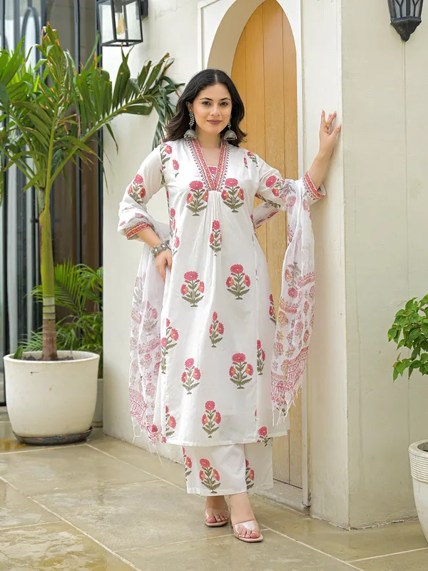White_Cotton_Hand_Block_A-Line_Kurta_Pant_Set_With_Dupatta_For_Women