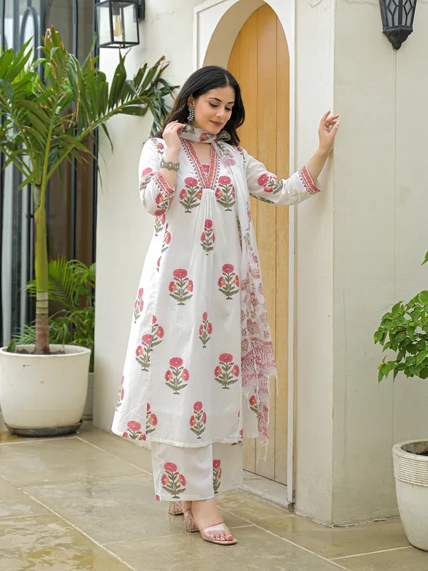 White_Cotton_Hand_Block_A-Line_Kurta_Pant_Set_With_Dupatta_For_Women