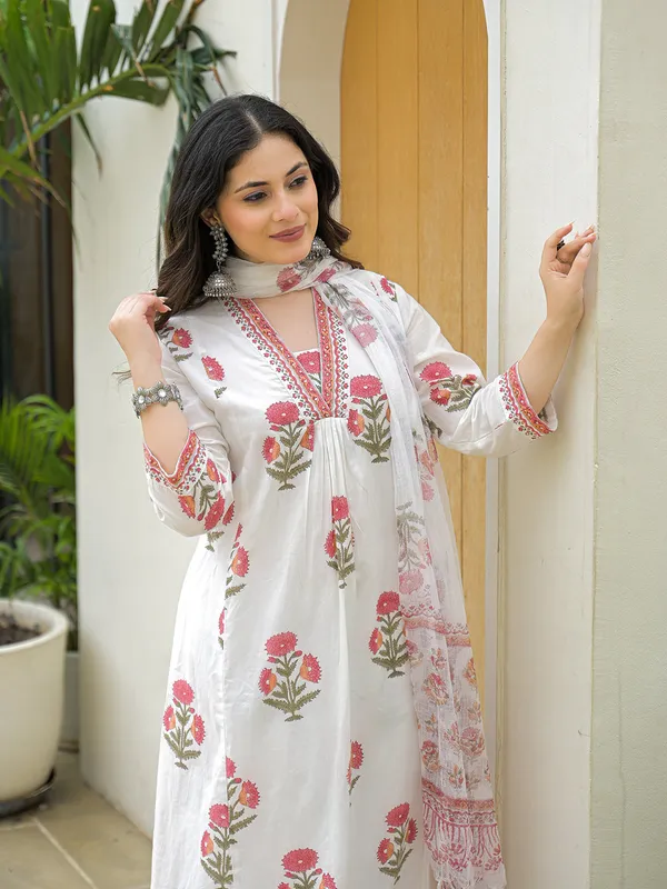 White_Cotton_Hand_Block_A-Line_Kurta_Pant_Set_With_Dupatta_For_Women