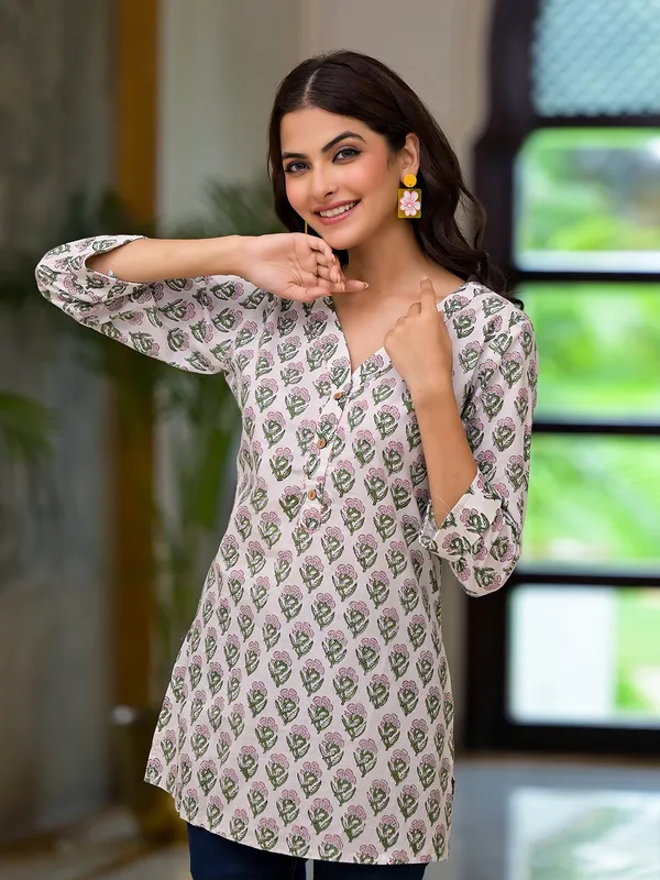 White_Floral_Print_Pure_Cotton_A-Line_Top_For_Women