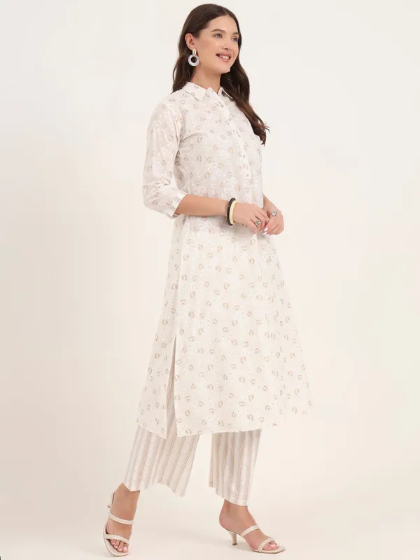 White_Floral_Printed_Cotton_Kurta_Pant_Set_For_Women