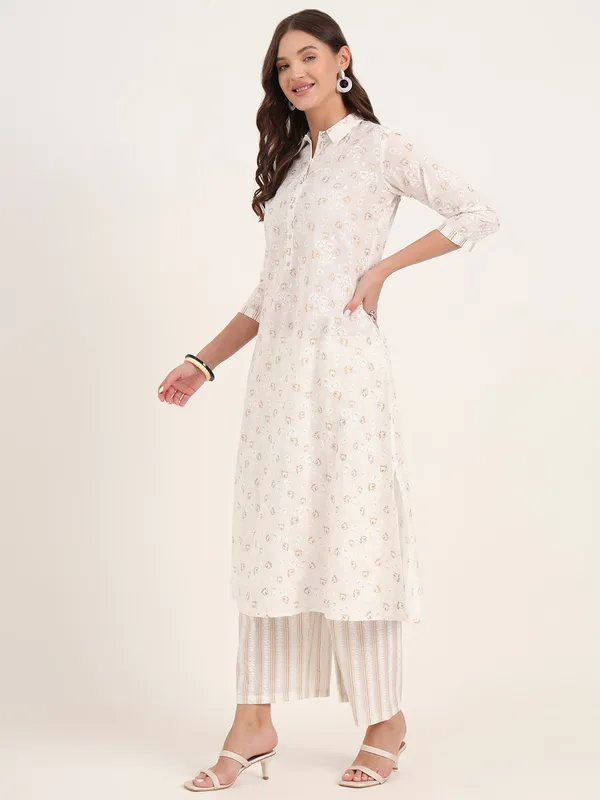 White_Floral_Printed_Cotton_Kurta_Pant_Set_For_Women