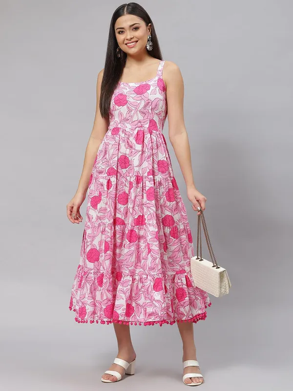 White_&_Pink_Floral_Shoulder_Strap_Long_Dress_For_Women