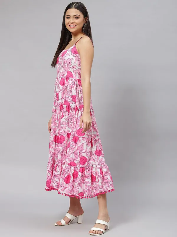 White_&_Pink_Floral_Shoulder_Strap_Long_Dress_For_Women