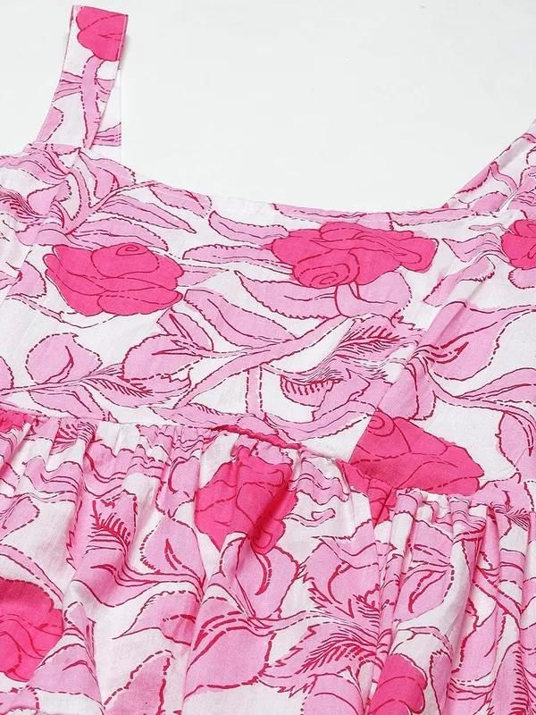 White_&_Pink_Floral_Shoulder_Strap_Long_Dress_For_Women