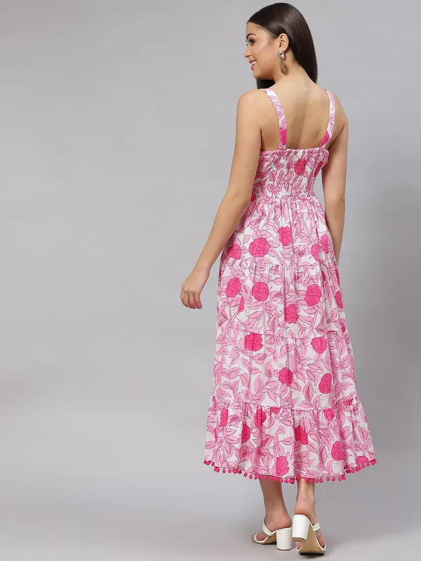 White_&_Pink_Floral_Shoulder_Strap_Long_Dress_For_Women