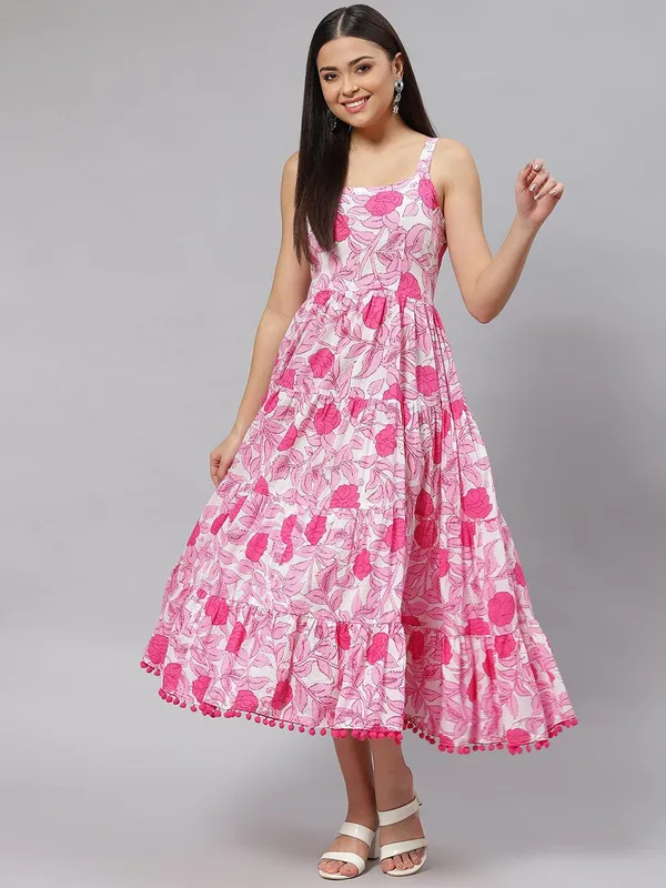 White_&_Pink_Floral_Shoulder_Strap_Long_Dress_For_Women