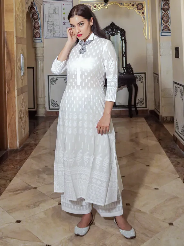 White_Khari_Print_Cotton_Kurti_With_Palazzo_Set_For_Women