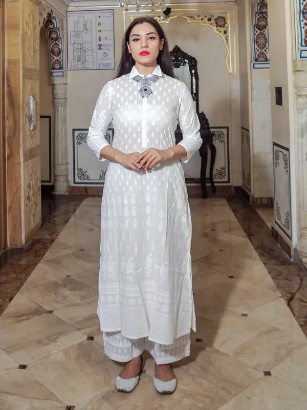 White_Khari_Print_Cotton_Kurti_With_Palazzo_Set_For_Women