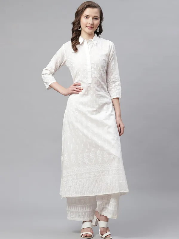 White_Khari_Print_Cotton_Kurti_With_Palazzo_Set_For_Women