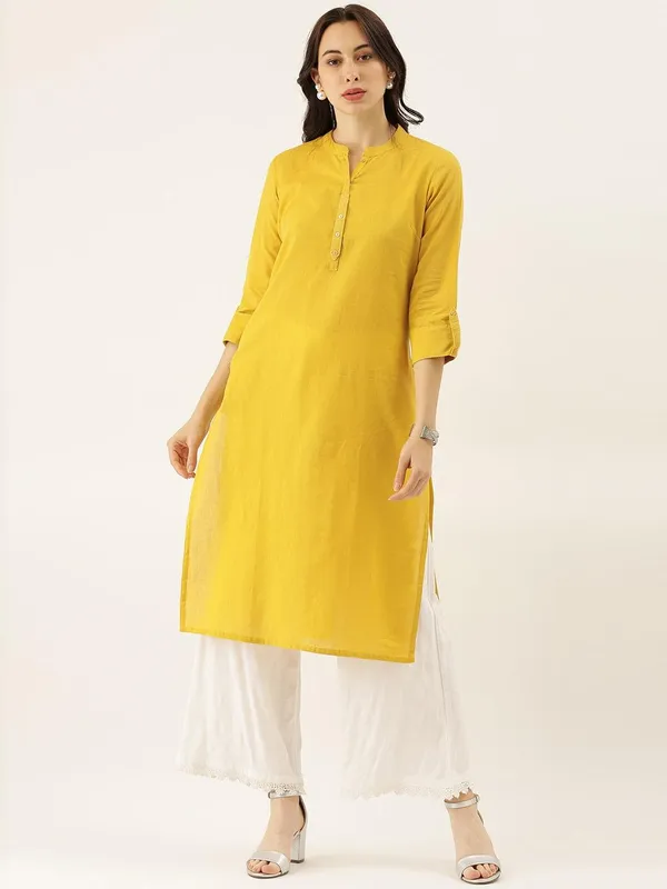 Yellow_Solid_Straight_Roll_Up_Sleeve_Kurti_For_Women