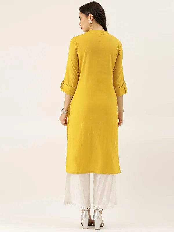 Yellow_Solid_Straight_Roll_Up_Sleeve_Kurti_For_Women