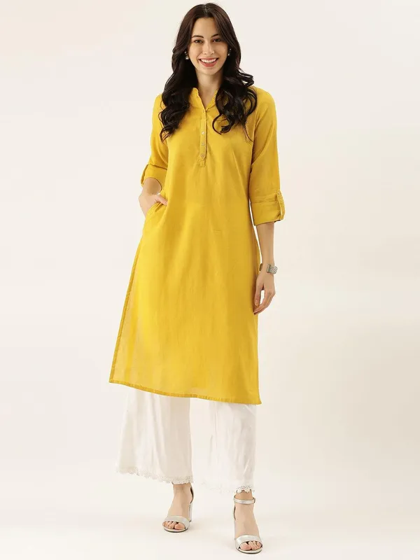 Yellow_Solid_Straight_Roll_Up_Sleeve_Kurti_For_Women