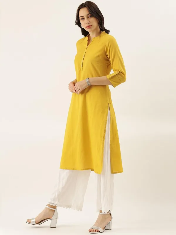 Yellow_Solid_Straight_Roll_Up_Sleeve_Kurti_For_Women