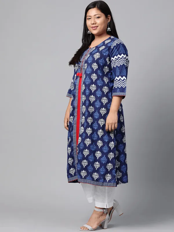 Plus_Size_Blue_Cotton_&_Rayon_A-Line_Kurti_For_Women
