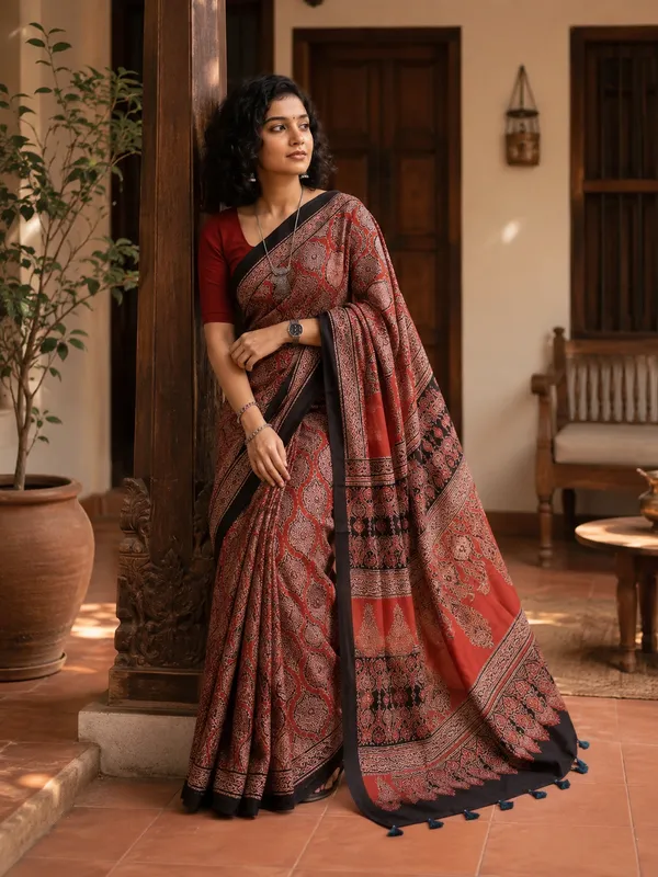 Red_Ajrakh_Silk_Saree
