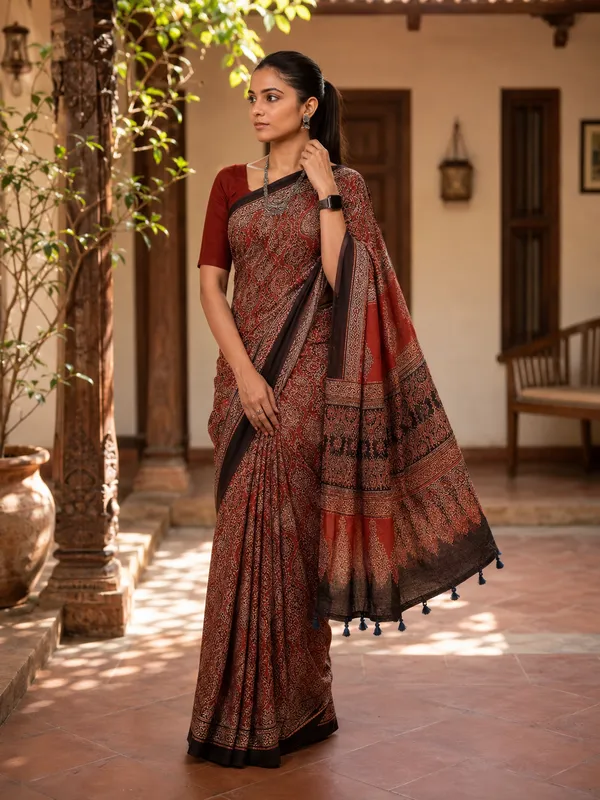 Red_Ajrakh_Silk_Saree