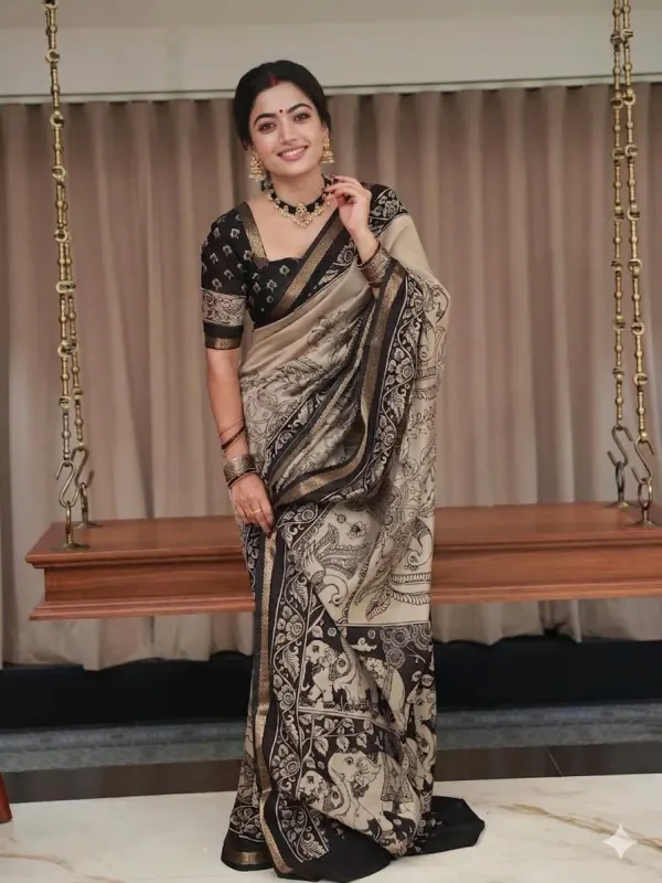 Cream_With_Black_Pure_Mal_Cotton_Soft_Silk_Saree_With_Blouse