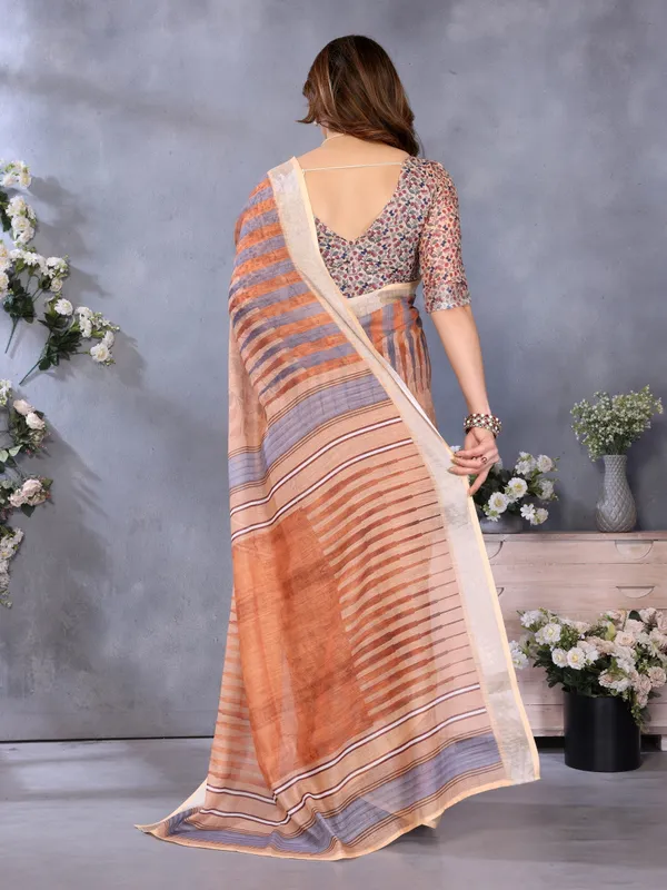 Brown_Linen_Cotton_Printed_Saree_For_Women